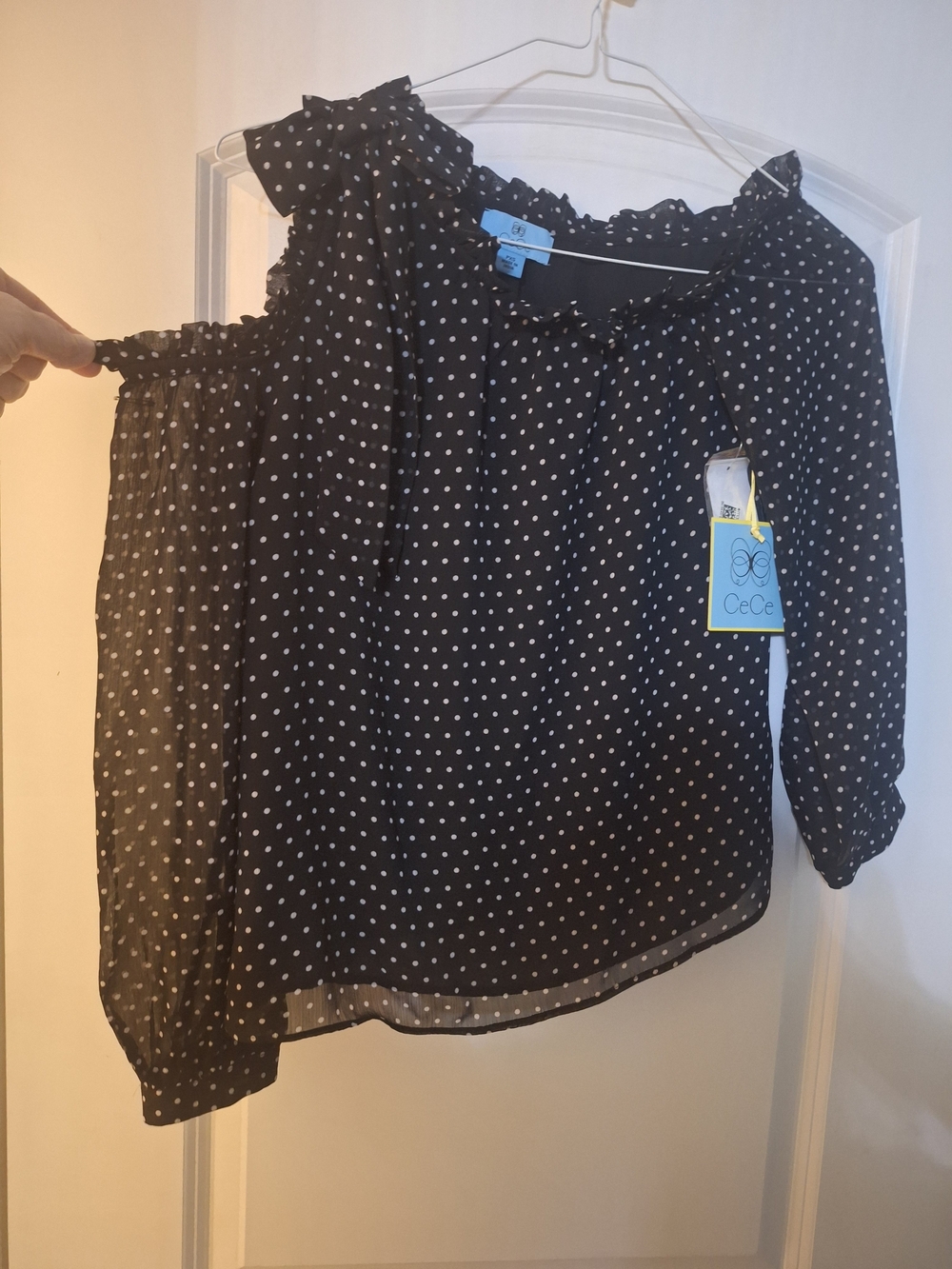 CeCe Black Polka Dot One-Shoulder Ruffle Blouse